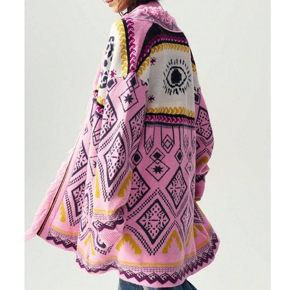 Cozy Pink Blessed Eye Geo Print Fringe Open Front Cardigan - Picture 2 of 6